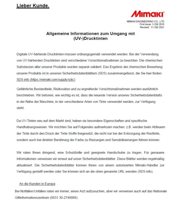 Allgemeine Informationen zum Umgang mit (UV-)Drucktinten