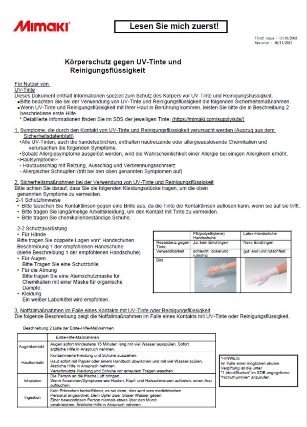Körperschutz gegen UV-Tinte und Reinigungsflüssigkeit
